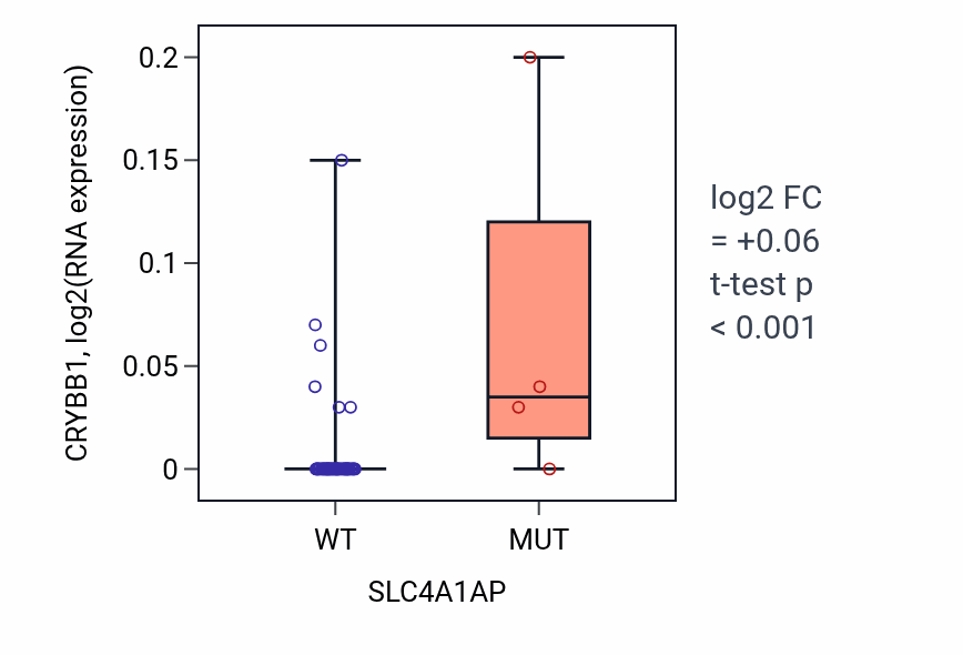 Box plot of CRYBB1 in SLC4A1AP-low vs SLC4A1AP-high samples in OVARY.