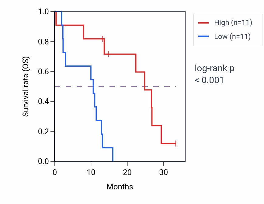 Kaplan&ndash;Meier survival curve for SLC4A2 mass-spec protein-high vs -low samples in PDAC.