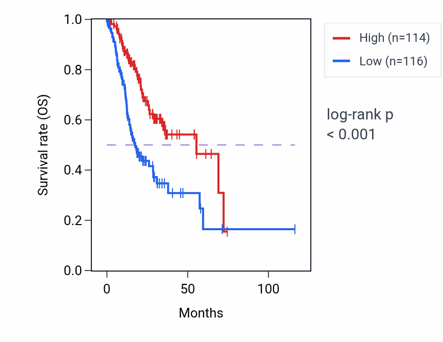 Kaplan&ndash;Meier survival curve for SLC52A3 RNA-high vs -low samples in STAD.