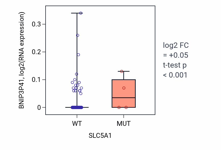 Box plot of BNIP3P41 in SLC5A1-low vs SLC5A1-high samples in BRCA.
