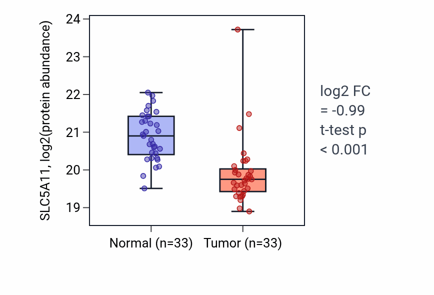 Tumor-vs-normal mass-spec protein box plot for SLC5A11 in CCRCC.