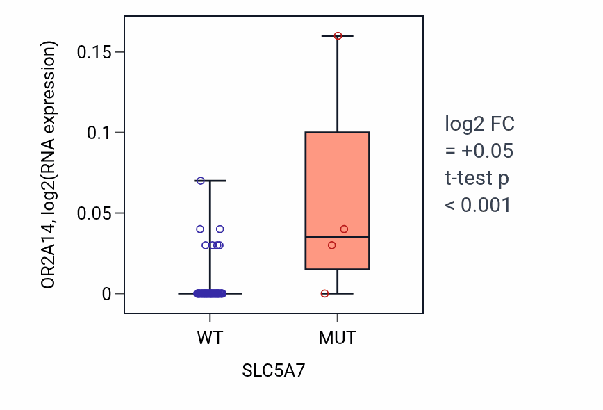 Box plot of OR2A14 in SLC5A7-low vs SLC5A7-high samples in CNS.