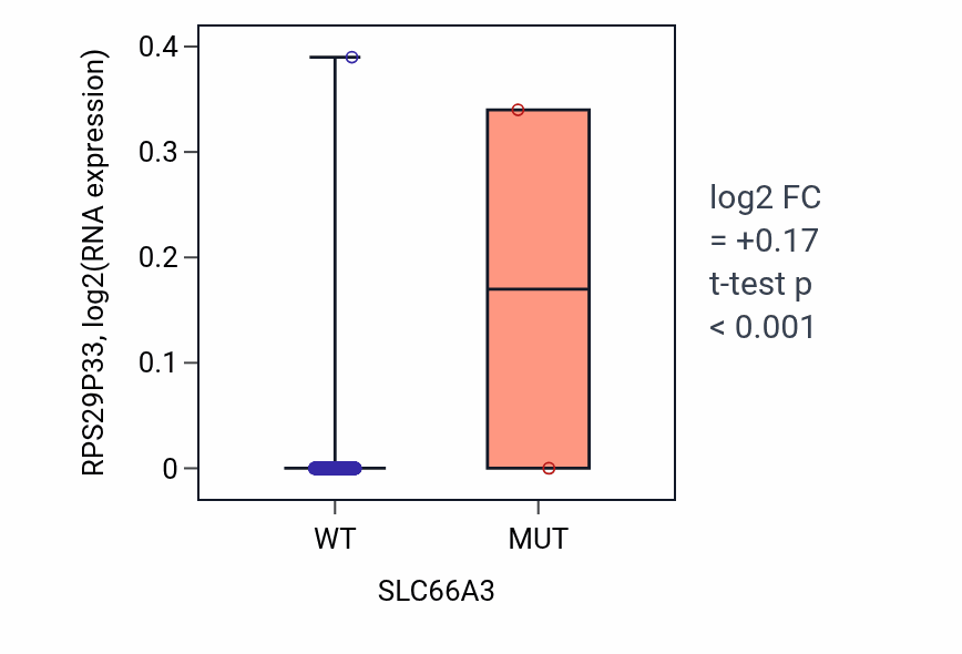 Box plot of RPS29P33 in SLC66A3-low vs SLC66A3-high samples in LUAD.