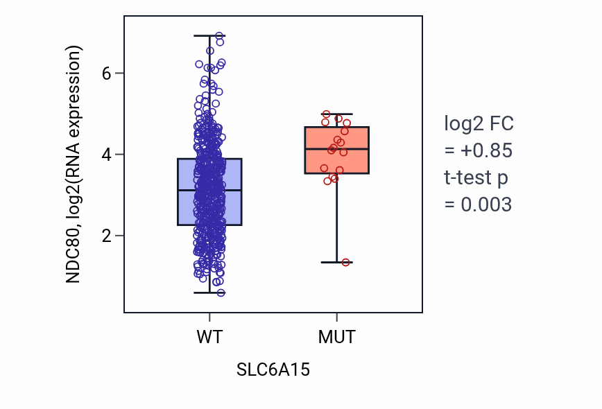 Box plot of NDC80 in SLC6A15-low vs SLC6A15-high samples in LUAD.
