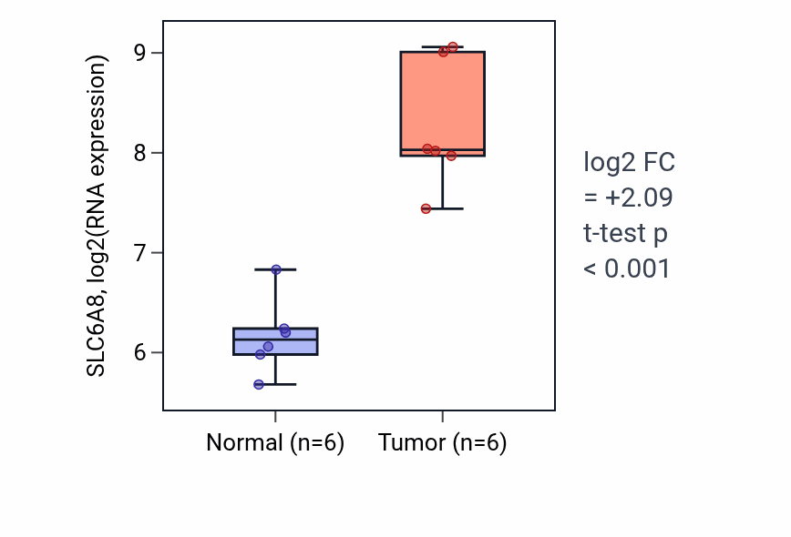 Tumor-vs-normal expression box plot for SLC6A8 RNA in KIRC.