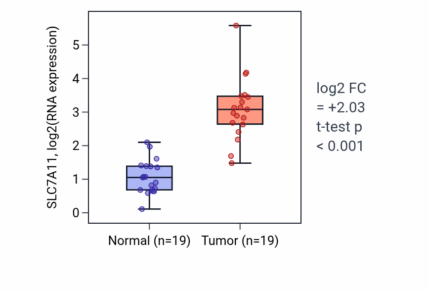 Tumor-vs-normal expression box plot for SLC7A11 RNA in COAD.