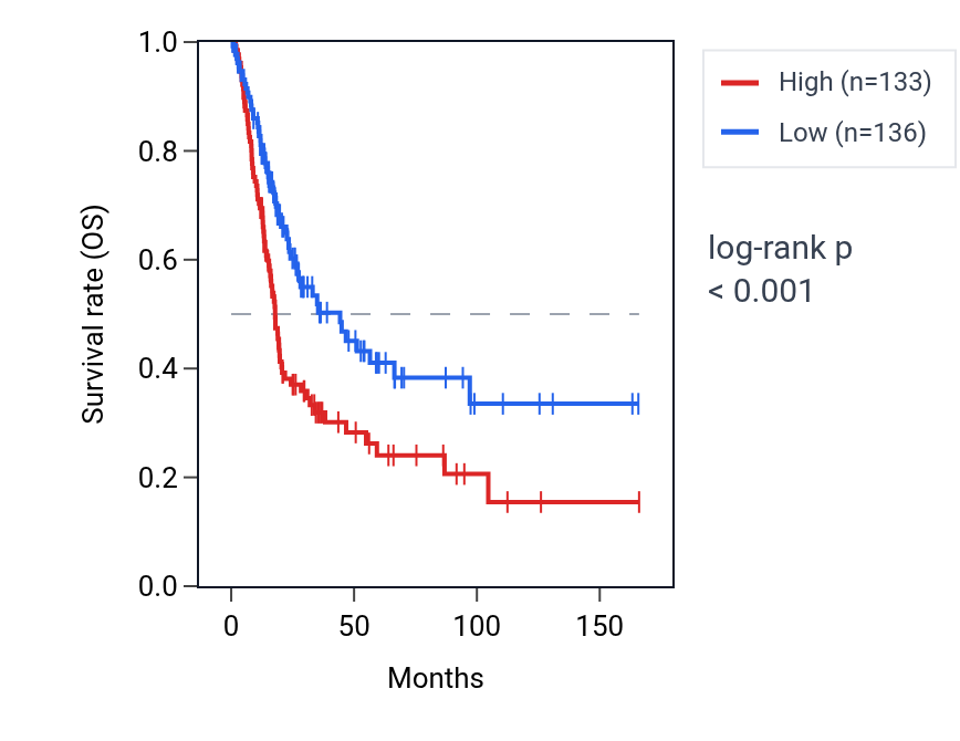 Kaplan&ndash;Meier survival curve for SLC7A8 RNA expression in BLCA: high vs low expression groups.