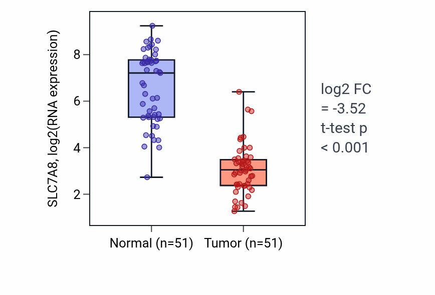 Tumor-vs-normal expression box plot for SLC7A8 RNA in KIRC.