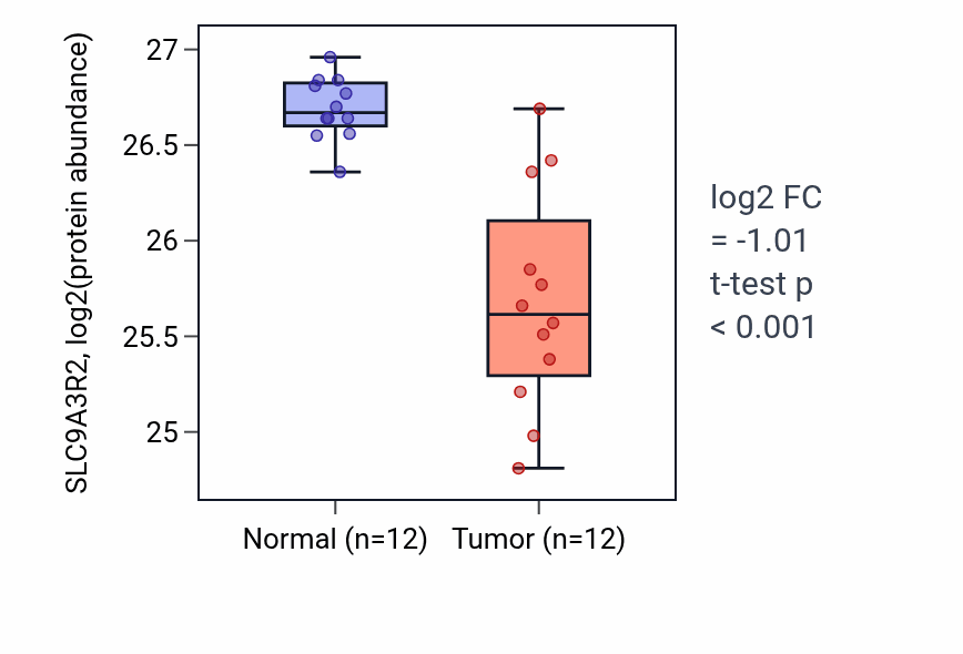 Tumor-vs-normal mass-spec protein box plot for SLC9A3R2 in CCRCC.
