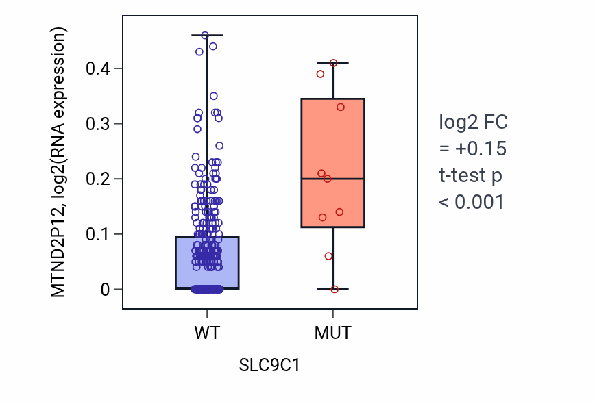 Box plot of MTND2P12 in SLC9C1-low vs SLC9C1-high samples in LIHC.