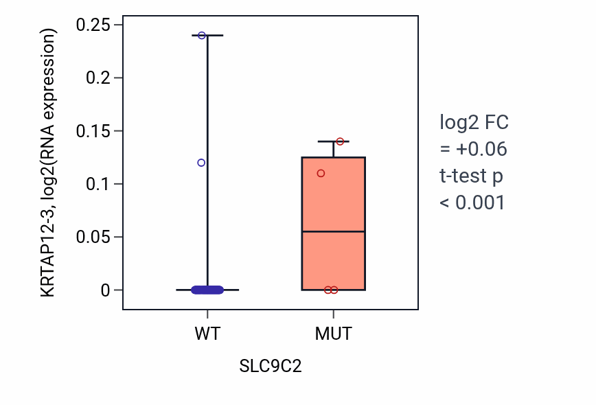 Box plot of KRTAP12-3 in SLC9C2-low vs SLC9C2-high samples in BLOOD_Leukemia.
