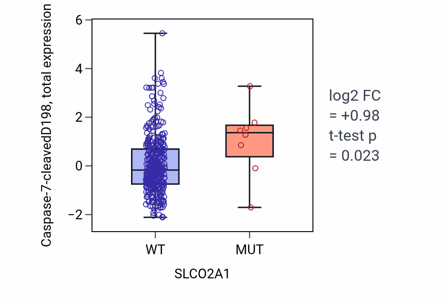 Box plot of Caspase-7-cleavedD198 in SLCO2A1-low vs SLCO2A1-high samples in COAD.