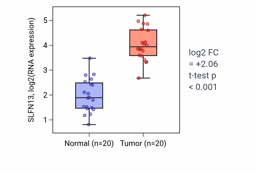 Tumor-vs-normal expression box plot for SLFN13 RNA in KIRC.