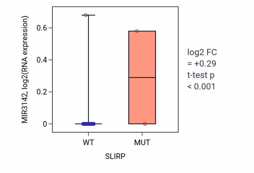 Box plot of MIR3142 in SLIRP-low vs SLIRP-high samples in BLCA.