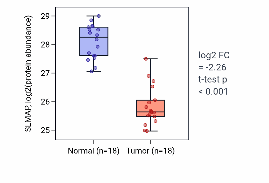 Tumor-vs-normal mass-spec protein box plot for SLMAP in COAD.