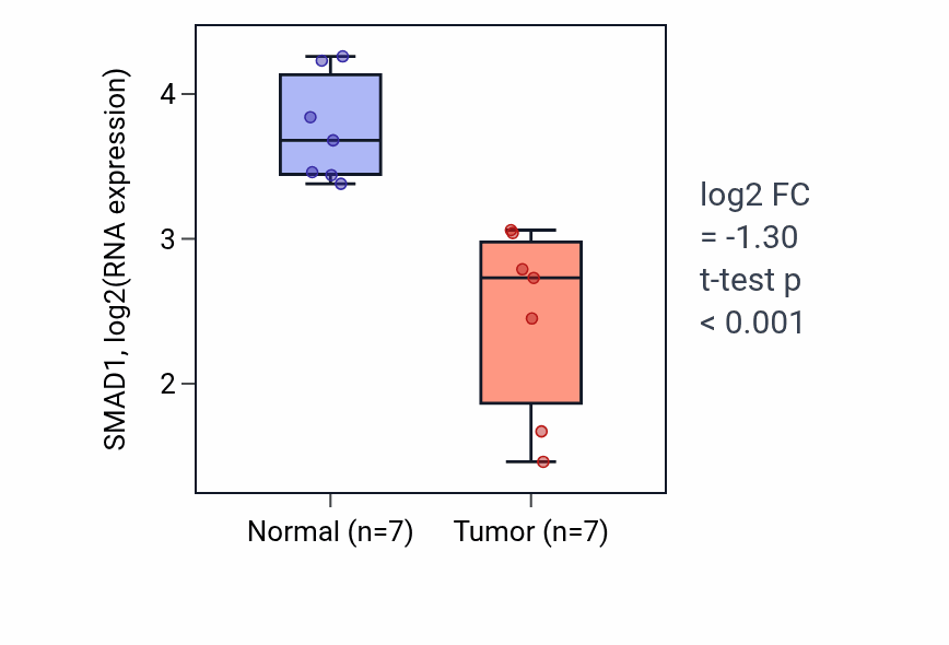 Tumor-vs-normal expression box plot for SMAD1 RNA in THCA.