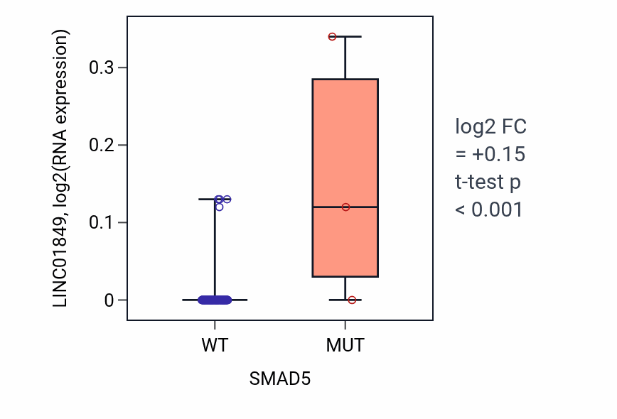 Box plot of LINC01849 in SMAD5-low vs SMAD5-high samples in READ.