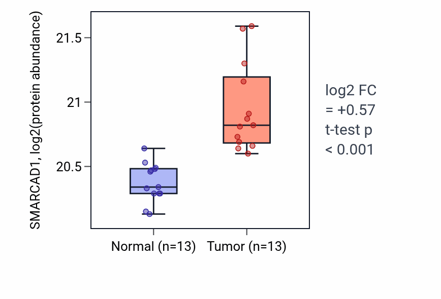 Tumor-vs-normal mass-spec protein box plot for SMARCAD1 in COAD.