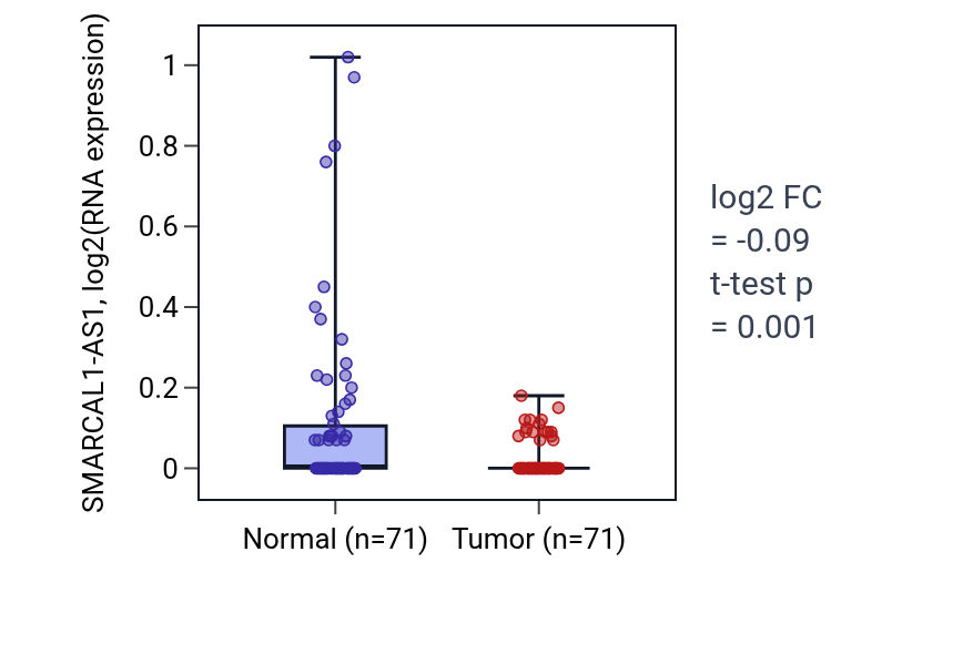 Tumor-vs-normal expression box plot for SMARCAL1-AS1 in KIRC.