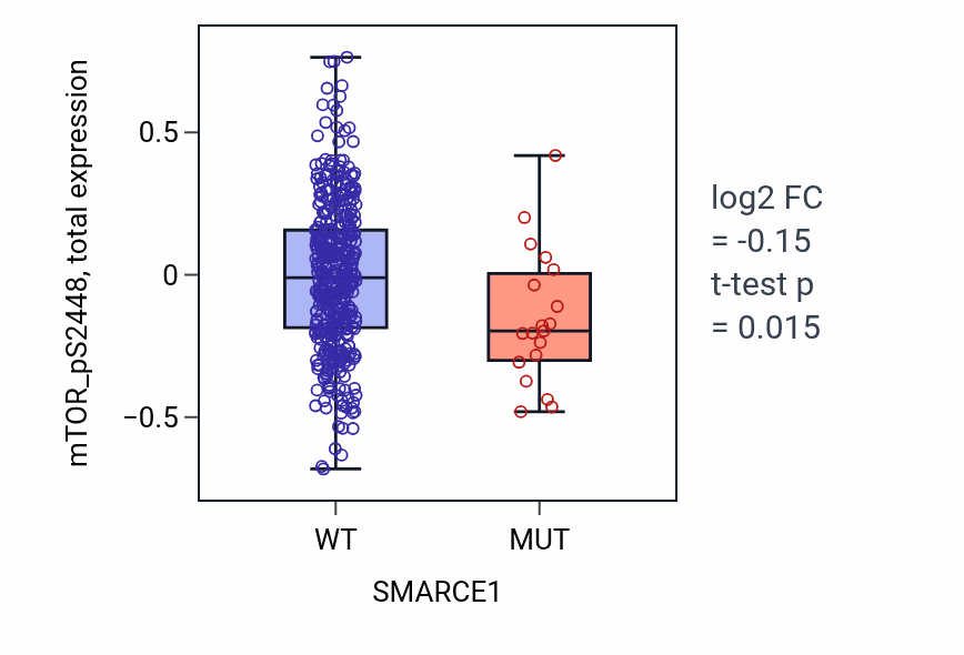 Box plot of mTOR_pS2448 in SMARCE1-low vs SMARCE1-high samples in UCEC.