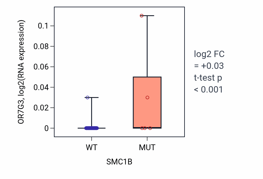 Box plot of OR7G3 in SMC1B-low vs SMC1B-high samples in BLOOD_Leukemia.