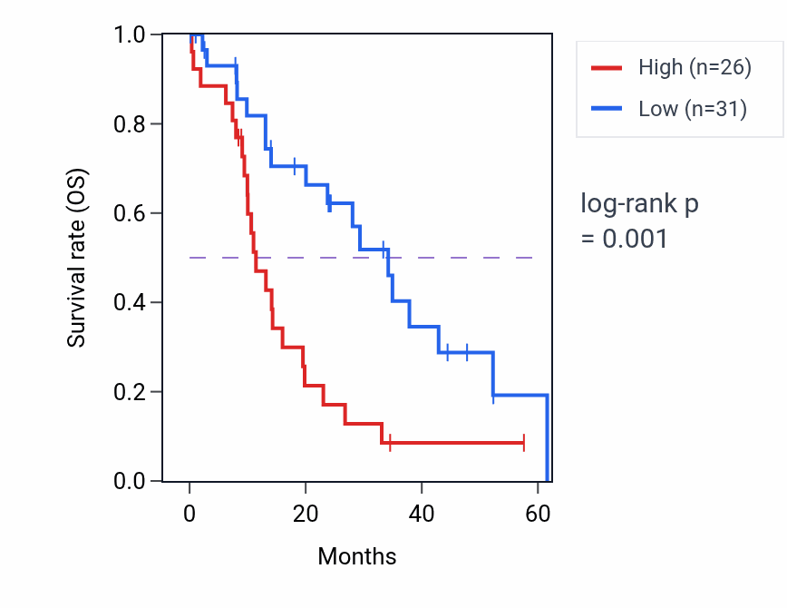 Kaplan&ndash;Meier survival curve for SMG8 mass-spec protein-high vs -low samples in PDAC.
