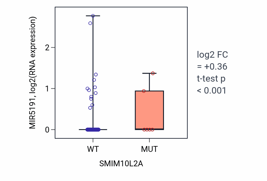 Box plot of MIR5191 in SMIM10L2A-low vs SMIM10L2A-high samples in UCEC.