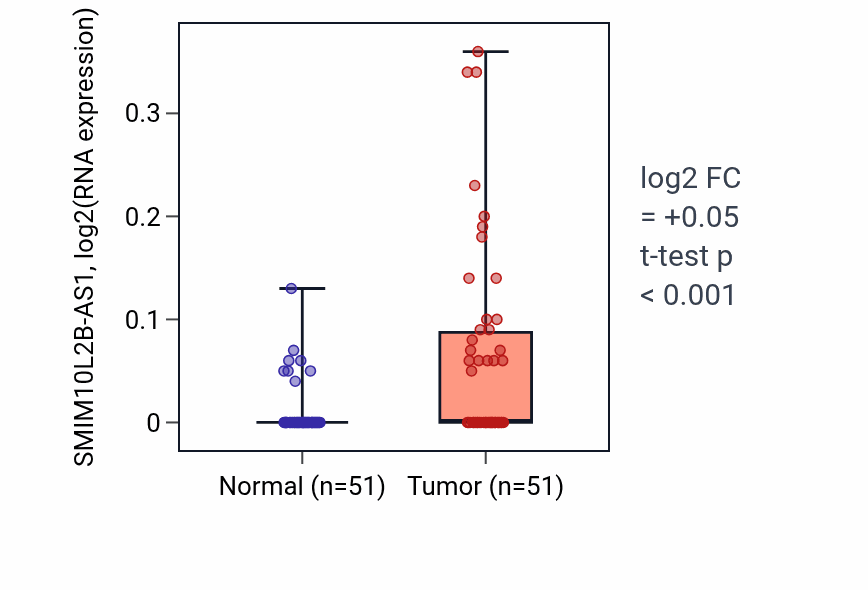 Tumor-vs-normal expression box plot for SMIM10L2B-AS1 in KIRC.