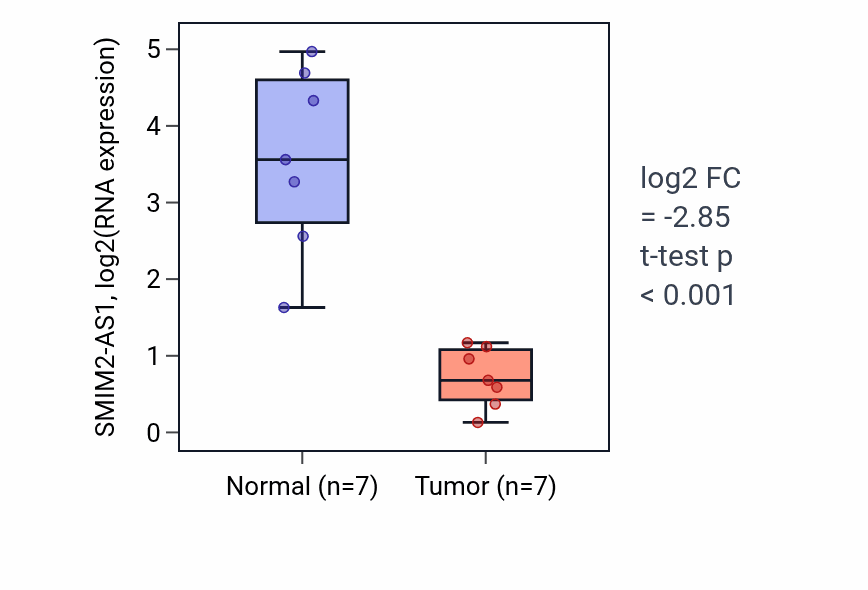 Tumor-vs-normal expression box plot for SMIM2-AS1 in KICH.