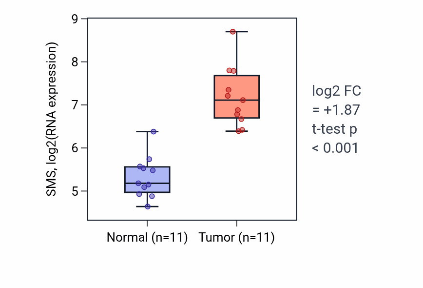 Tumor-vs-normal expression box plot for SMS RNA in HNSC.