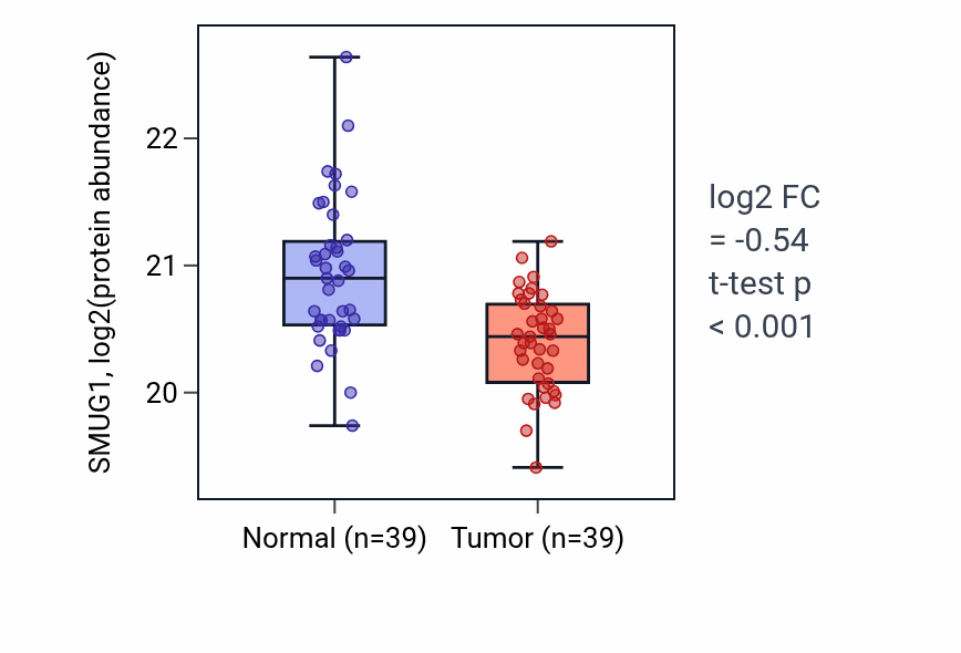 Tumor-vs-normal mass-spec protein box plot for SMUG1 in HNSC.