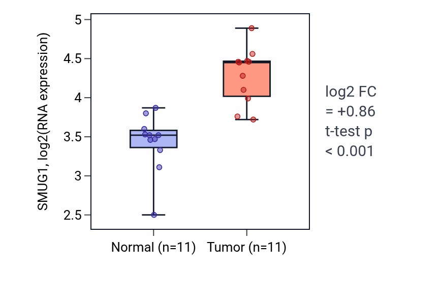 Tumor-vs-normal expression box plot for SMUG1 RNA in HNSC.