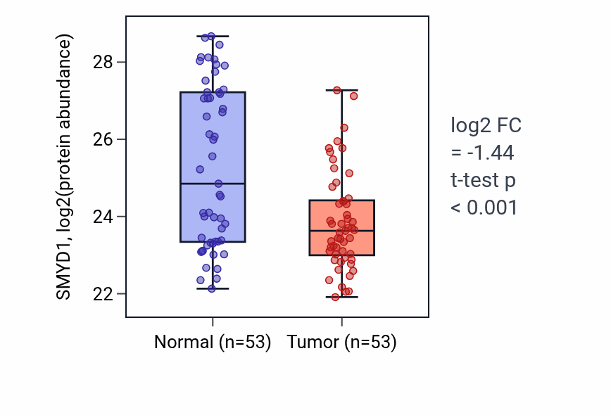 Tumor-vs-normal mass-spec protein box plot for SMYD1 in HNSC.