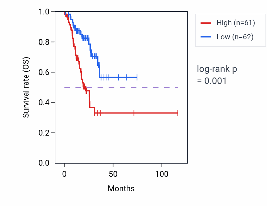 Kaplan&ndash;Meier survival curve for SNCA RNA-high vs -low samples in STAD.