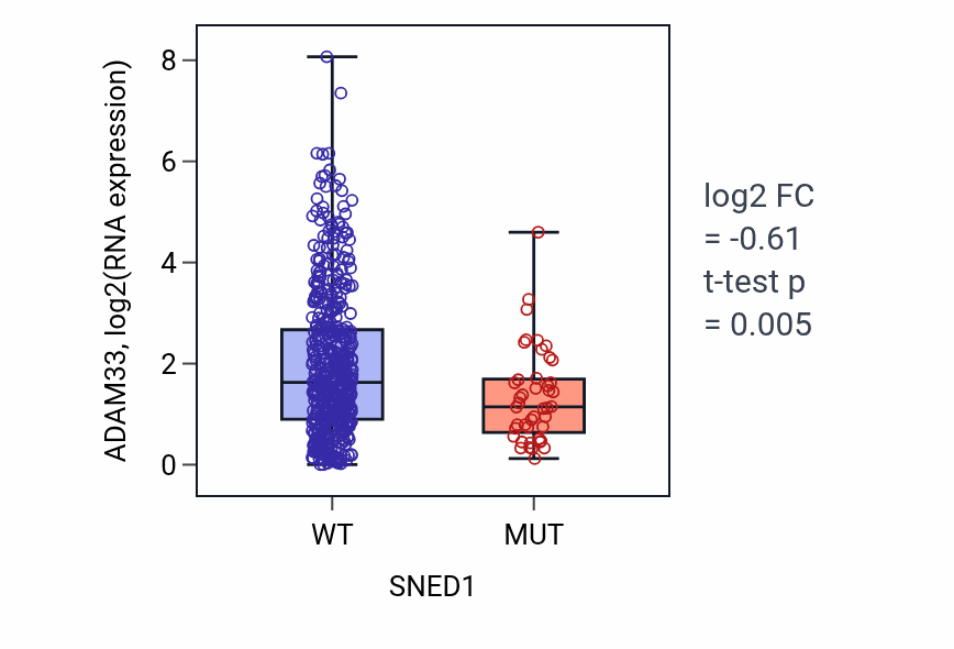 Box plot of ADAM33 in SNED1-low vs SNED1-high samples in UCEC.