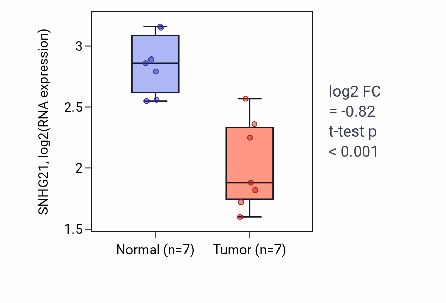 Tumor-vs-normal expression box plot for SNHG21 RNA in THCA.