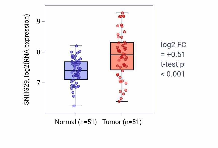 Tumor-vs-normal expression box plot for SNHG29 RNA in KIRC.