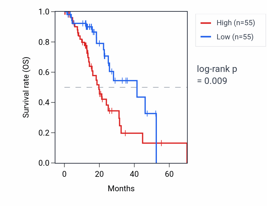 Kaplan&ndash;Meier survival curve for SNHG5 RNA expression in ESCA: high vs low expression groups.