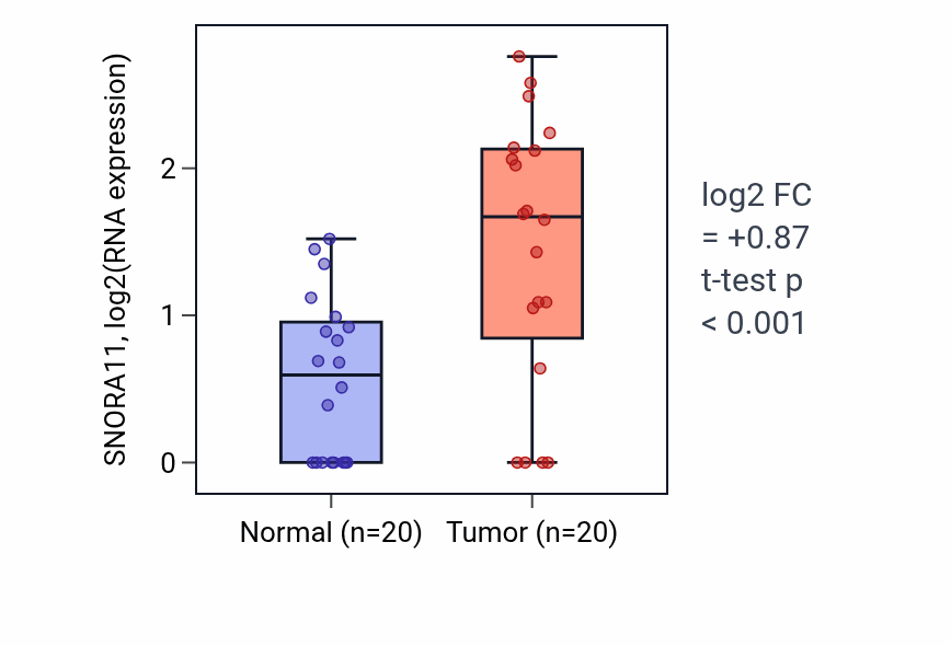 Tumor-vs-normal expression box plot for SNORA11 in COAD.