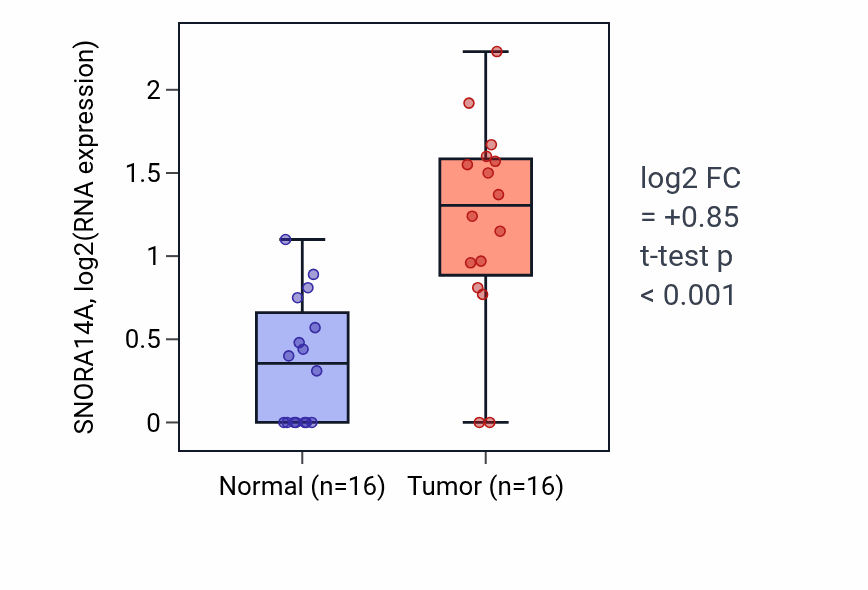 Tumor-vs-normal expression box plot for SNORA14A in LUSC.