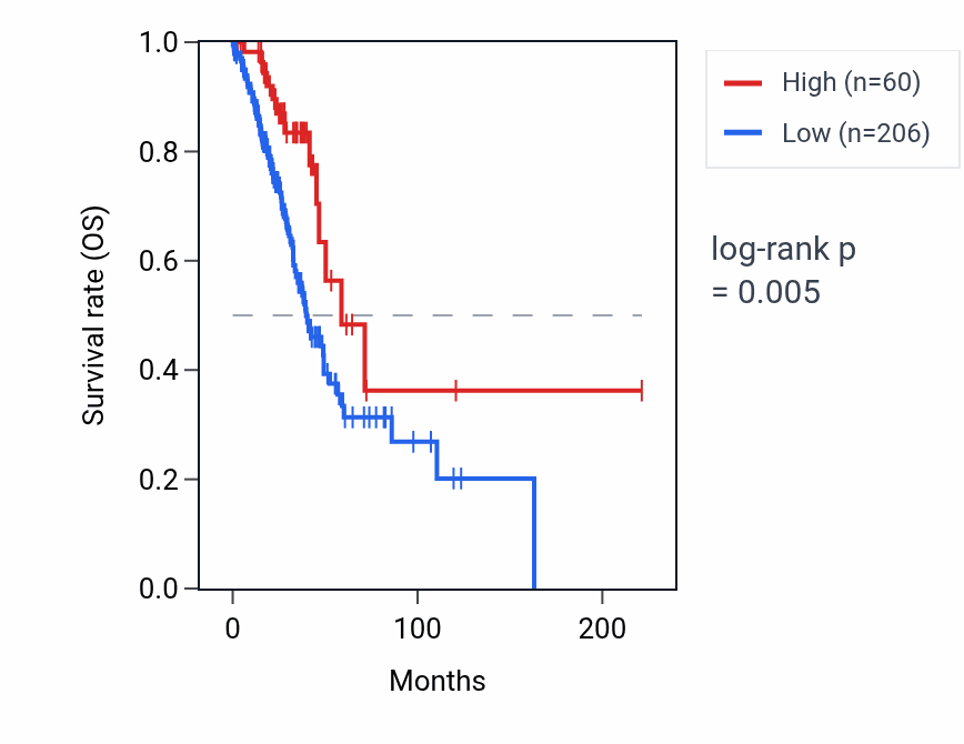 Kaplan&ndash;Meier survival curve for SNORA1B RNA expression in LUAD: high vs low expression groups.