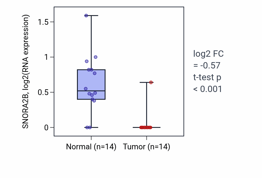 Tumor-vs-normal expression box plot for SNORA2B in THCA.