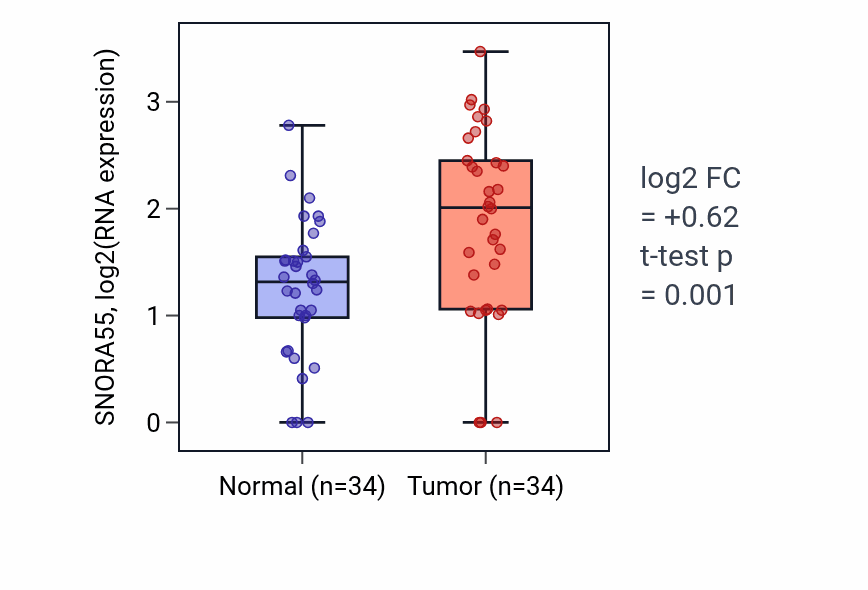 Tumor-vs-normal expression box plot for SNORA55 in COAD.