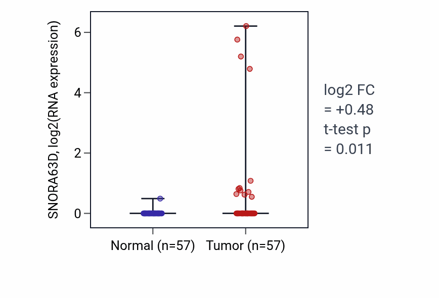 Tumor-vs-normal expression box plot for SNORA63D in LUAD.