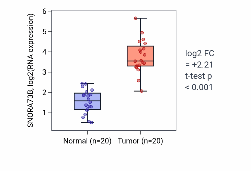 Tumor-vs-normal expression box plot for SNORA73B in COAD.