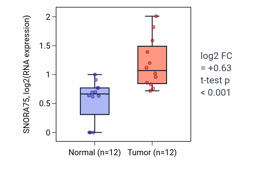 Tumor-vs-normal expression box plot for SNORA75 in KIRC.