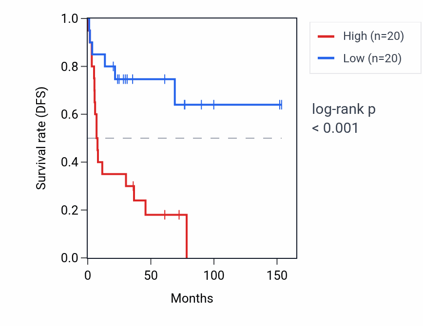Kaplan&ndash;Meier survival curve for SNORA77 RNA expression in ACC: high vs low expression groups.