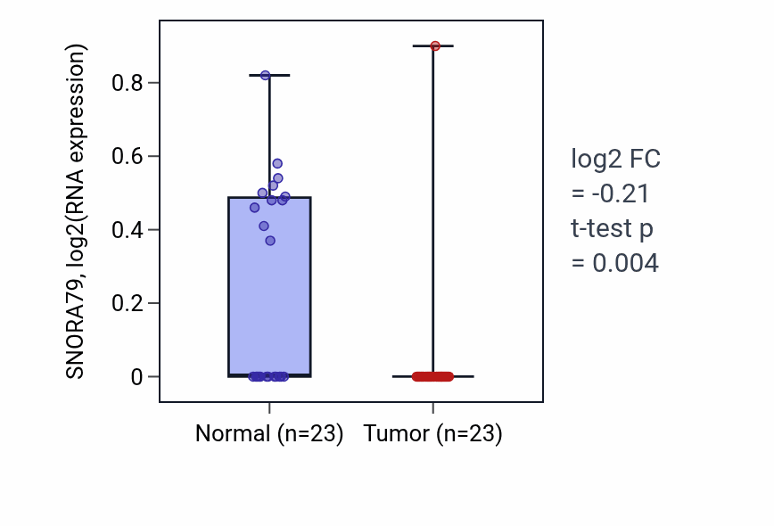 Tumor-vs-normal expression box plot for SNORA79 in THCA.
