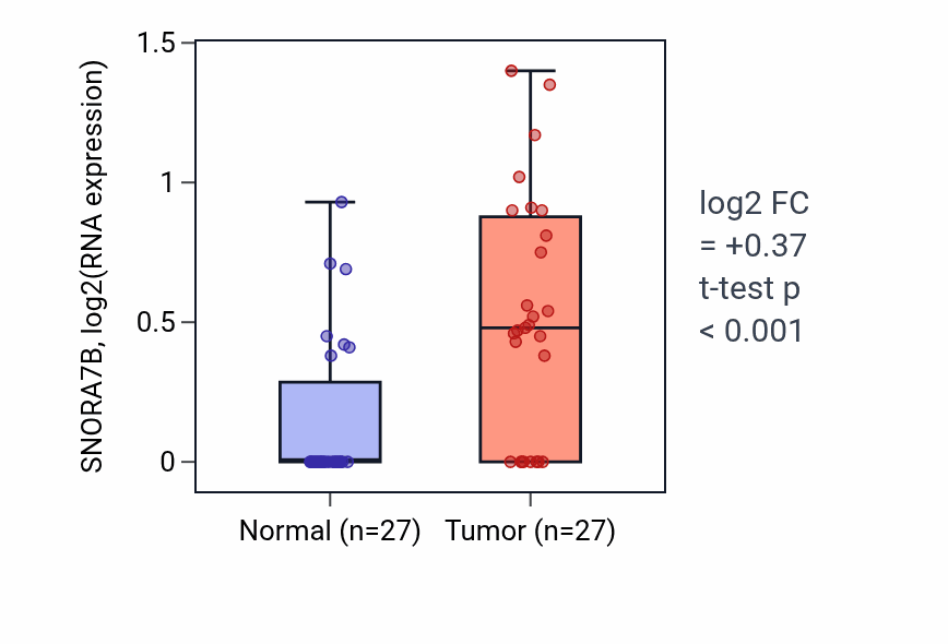 Tumor-vs-normal expression box plot for SNORA7B in HNSC.