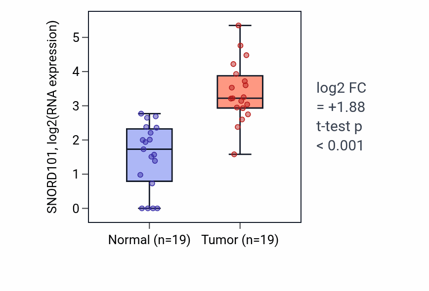 Tumor-vs-normal expression box plot for SNORD101 in COAD.